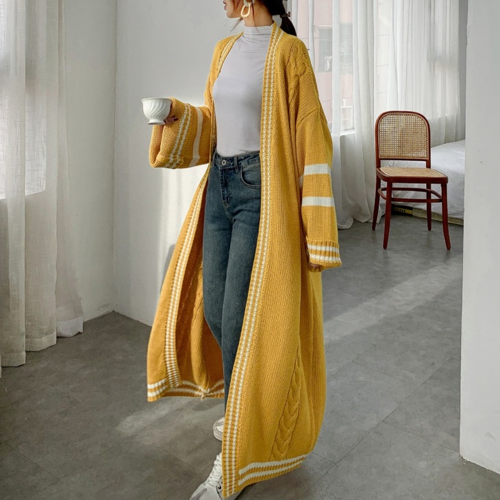[Zayau] Őszi És Téli Hosszú Sűrített Pulóver Kabát Női Koreai Csíkos Laza Nagy Méretű Lusta Szél Térd Vastag Kardigán