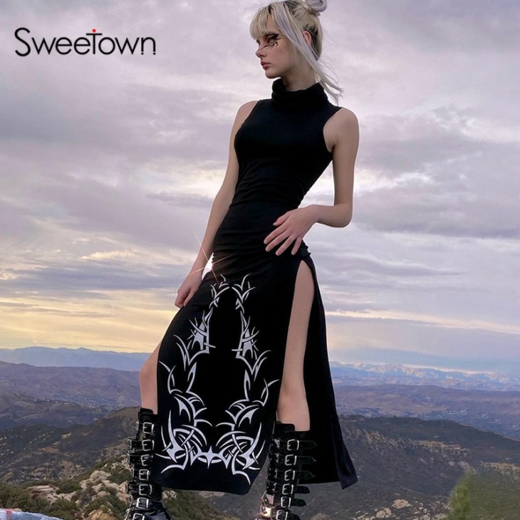 Sweetown Black Off Váll Turtleneck Bodycon Goth Ruha Sötét Akadémiai Esztétikai E Lány Ruhák Magas Split Szexi Párt Ruhák