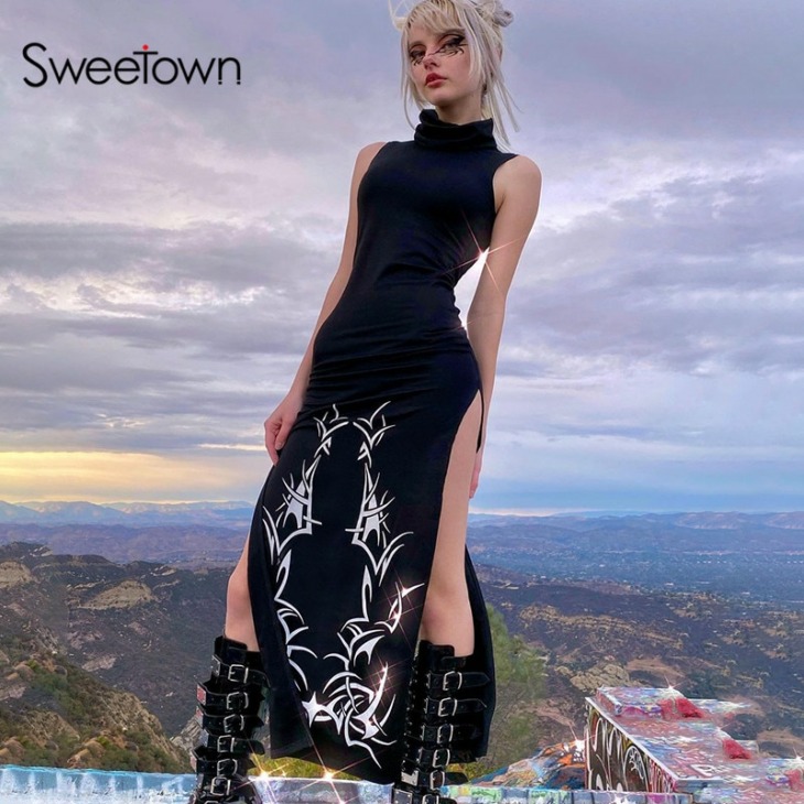 Sweetown Black Off Váll Turtleneck Bodycon Goth Ruha Sötét Akadémiai Esztétikai E Lány Ruhák Magas Split Szexi Párt Ruhák
