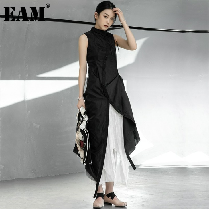 [Eam] Női Fekete Háló Irregular Slit Reced Slim Dress New Lapel Ujjatlan Laza Fit Fashion Spring Summer 2022 1Dd7728