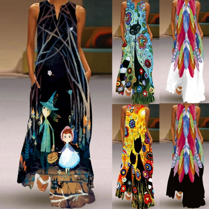 Ujjatlan Elegáns Cat Print Dress 2022 Alkalmi Ruhák Molett Long Beach Summer Woman Girls Rose Nyomtatása Boho Maxi Dress Платье