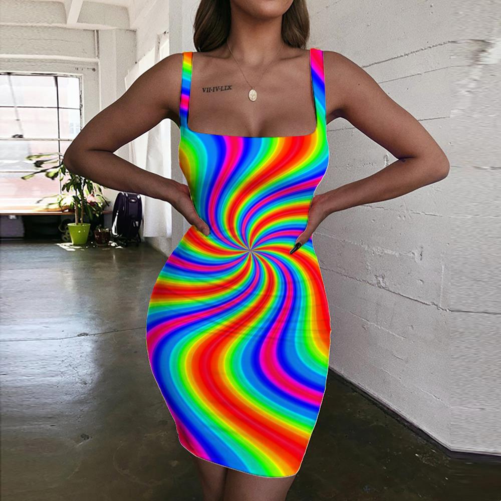 Giyu Brand Rainbow Ruha Női Szédülés 3D Nyomtatása Színes Bodycon Ruha Art Sundress Női Ruházat Nyári Vintage Beach