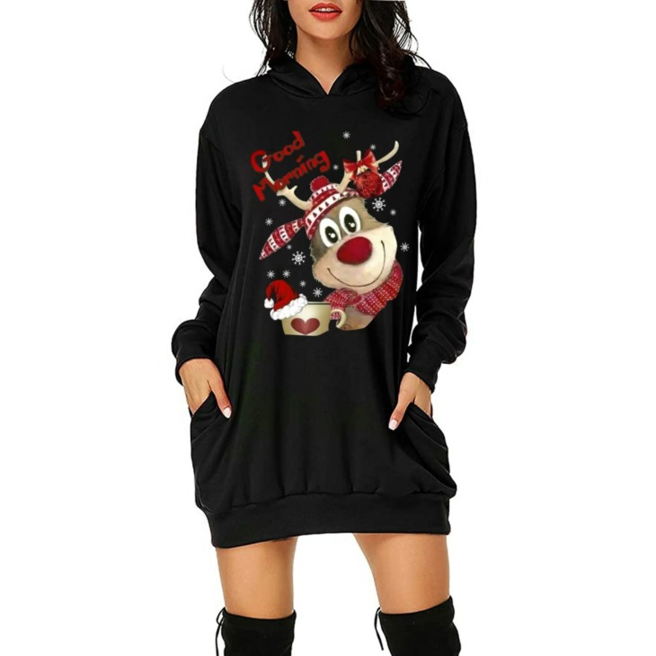 Karácsonyi Hoodie Ruhák Női Spriong Őszi Hosszú Ujjú Alkalmi Mini Dress Divat Kapucnis Hosszú Ujjú Zsebes Vestidos Robe
