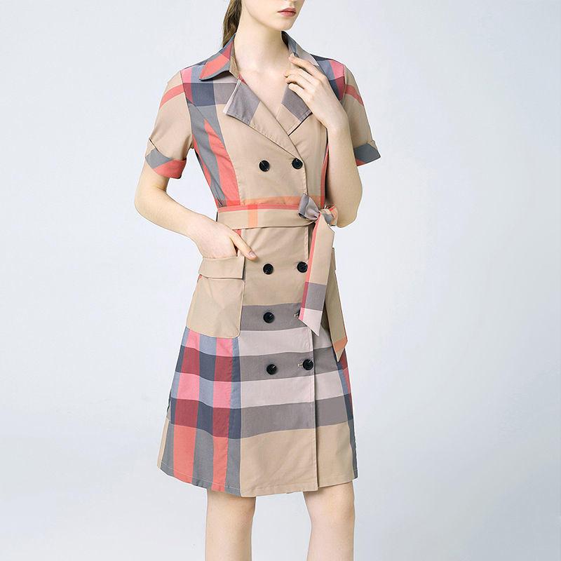 2020 Fashion Szárnyak Kockás Ing Ruha Nyári Tervező Gombok Top Collar Hosszú Ruha Női Elegáns Office Lady Dress