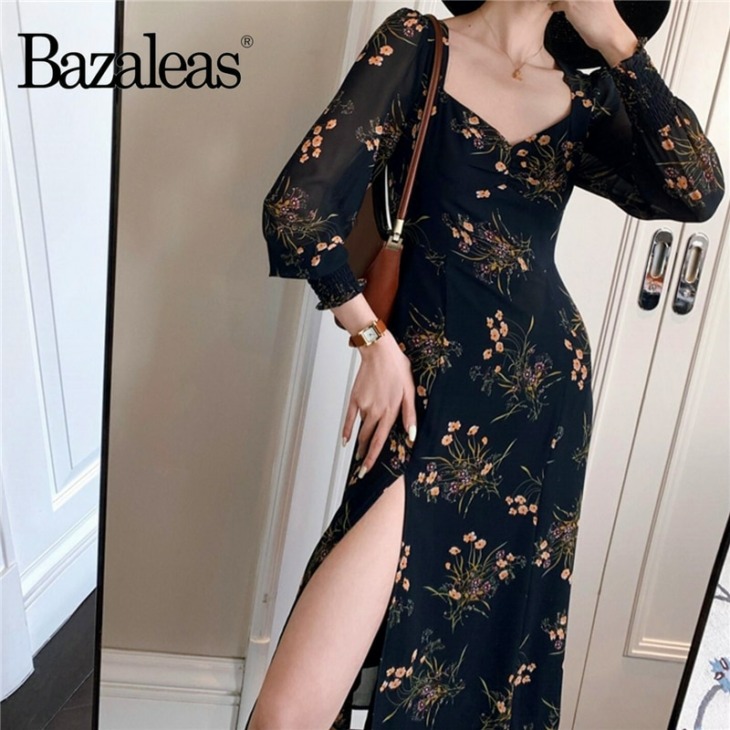 Bazaleas 2020 Fashion Hosszú Ujjú Női Ruha Midi Vintage Floral Print Navy Osztott Nyit Ruha Franciaország Köntös Vestido