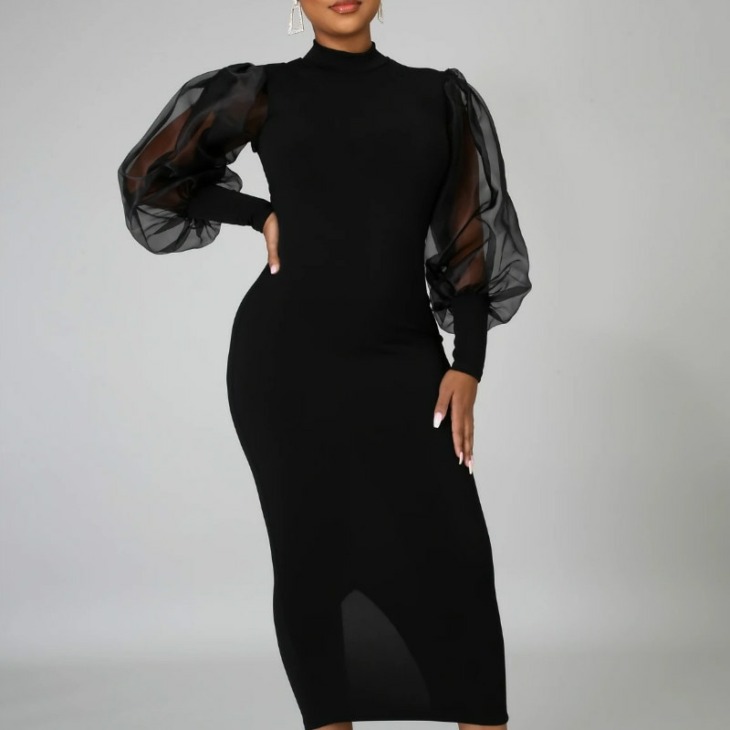 Fekete Bodycon Női Ruha Patchwork Mesh Hosszú Lanter Ujj Hasított Mid Hosszúságú Vékony Ruha 2021 Elegáns Divat Női Vestidos