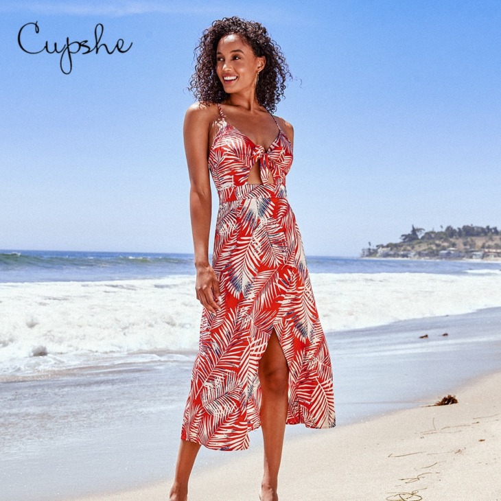 Cupshe Red Tropical Cutout Csomózott Midi Ruha Női Szexi V-Nyakú Spagetti Pántok Beach Dress 2021 Summer Sundress Vestidos