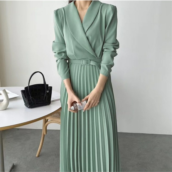 [Ewq] 2021 Őszi Új Hosszú Ujjú Egyszerű És Divatos Elegáns Modern Hölgy Ruhák Paneled Green Robe Blazer Ruhák 16Q498
