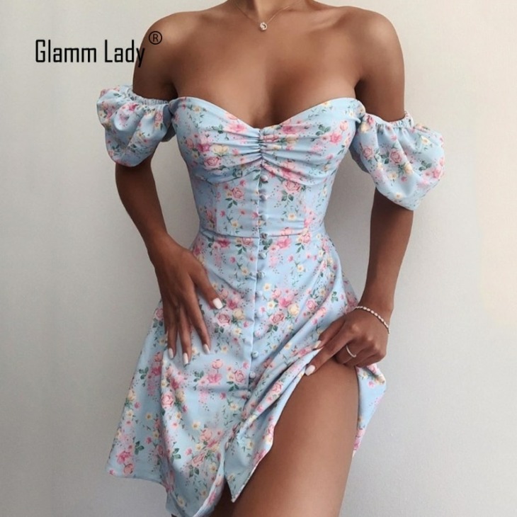 Glamm Lady Casual Sexy Dress Womens Mini Nyári Ruha Őszi Nyomtatás Floral Strapless Bodycon Dress Party Club Puff Sleeve 2020