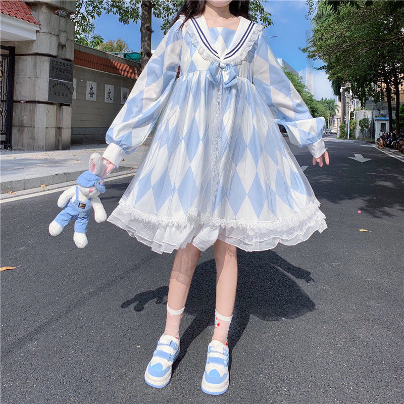 Heydress Hosszú Ujjú Aranyos Nők Lolita Op Ruha Tündér A-Line Vestados Alice Wondeland Sailor Gallér Japán Ruhában