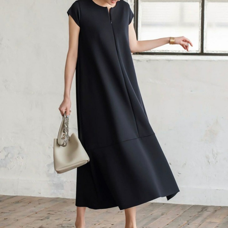 Japán Nyári Nők Sima Ol Long Dress Rövid Ujjú A-Line Koreai Stílus Egyszerű Alkalmi Ruhák Hölgyek Munka Viselése Vestidos
