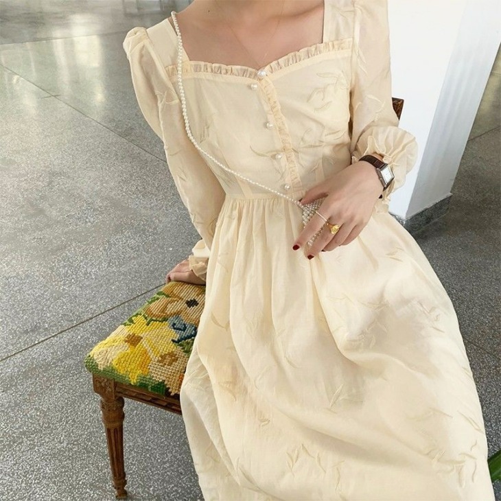 Midi Ruha Női Francia Elegáns Vintage Square Collar Long Puff Sleeve Party Chic Retro Dress Koreai 2020 Őszi Ruházat