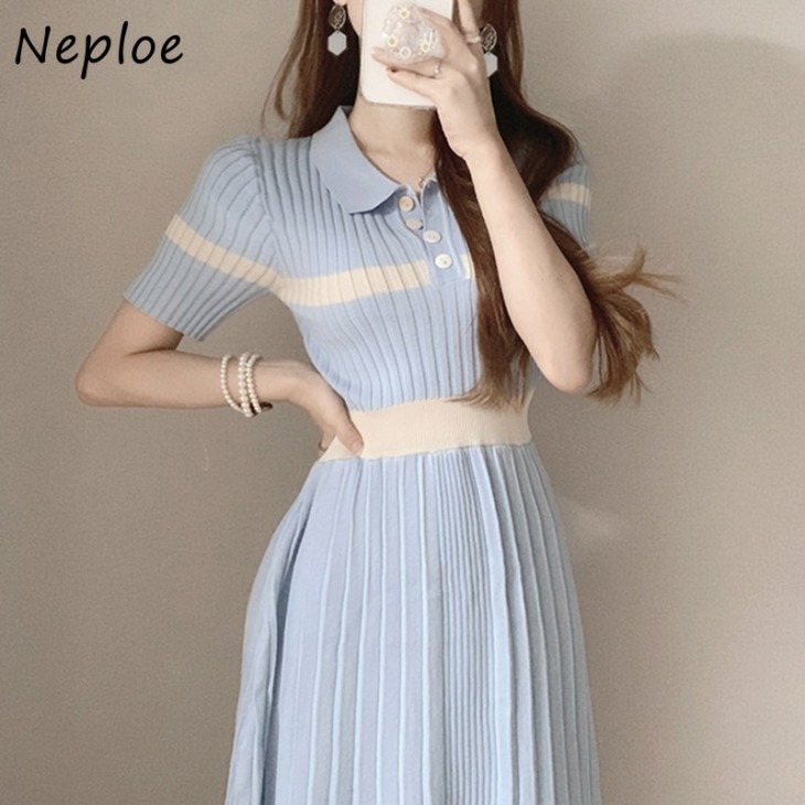 Neploe Hit Color Patchwork Koreai Kötött Ruha Női Magas Derék Csípő Vékony Vestidos Summer 2021 New Pit Ránc Design Robe