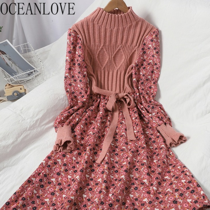 Oceanlove Corduroy Kötés Vestidos Bandage Bow Floral A-Line Vintage Női Ruhák Őszi Téli Bow Sweet Robe Femme