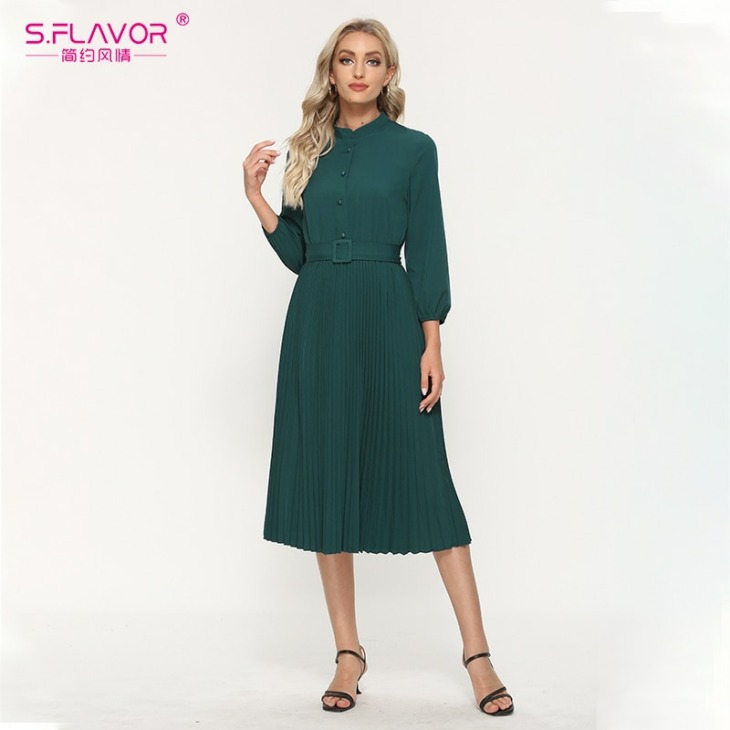S.Flavor Zöld Egysoros A-Vonalú Ruha Working Elegáns Rakott Őszi Dress For Women Winter Midi Vestidos De