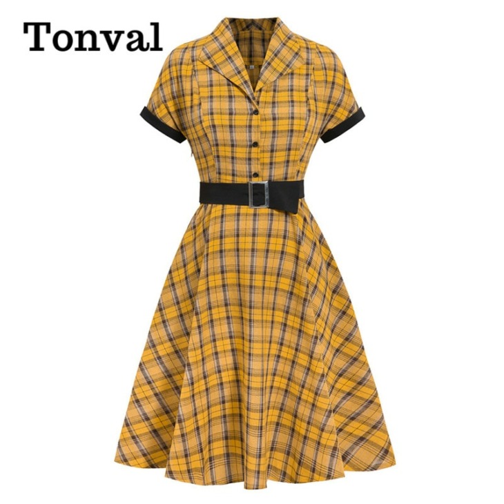 Tonval Train-Down Gallér Sárga Kockás Nők Vintage Stílus Rockabilly Ruha Gomb Fel Magas Derék Öves Egy Vonal Hölgy Ruhák