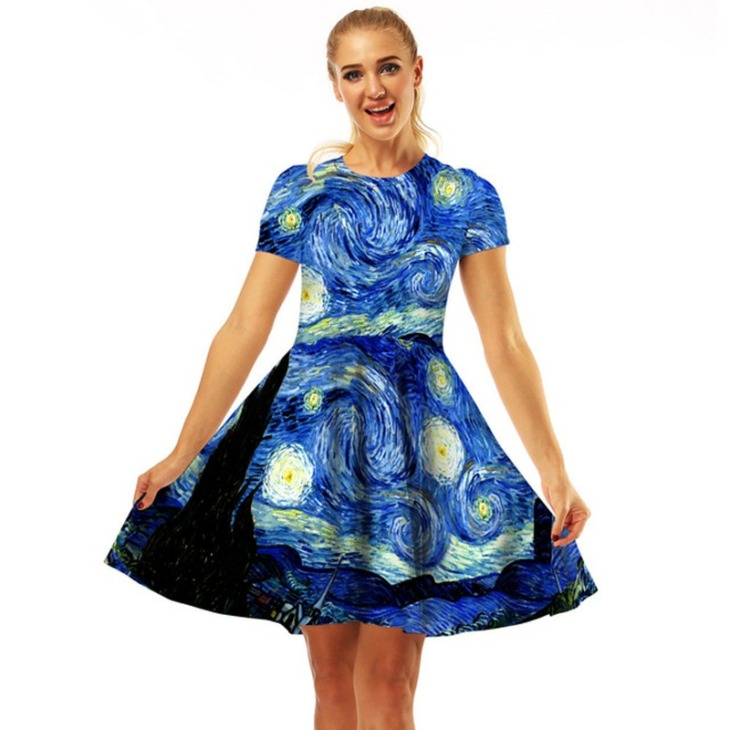Van Gogh Csillagos Éj Print Dress For Women Street Fashion Galaxy Nyomtatott Ruha Girls Summer Aranyos Festék Stílusú Ruha