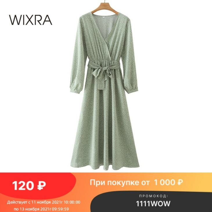 Wixra Heart Print Teljes Ujjú Zöld Ruhák Szárnyakkal Női Nyári V Nyakú Hosszú Maxi Dress 2021 A Line Vestidos