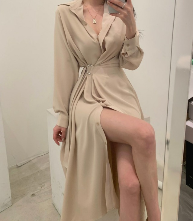 Női Single Breasted Midi Lace Up Slim Solut Shirt Dress Long Sleeve Elegáns Vestados Femme