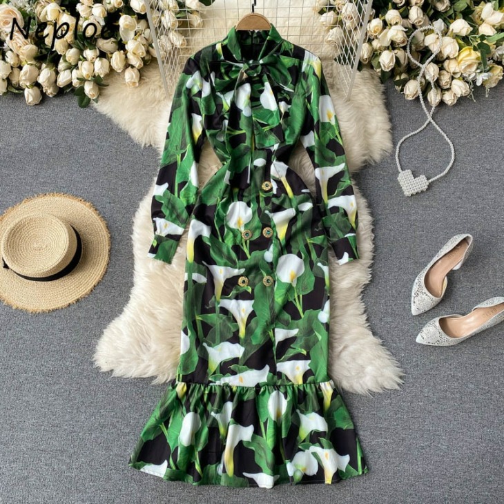 Neploe V Nyaklánc Csipke Up Bow Design Temperament Ruha Női Magas Derék Hip Mermaid Long Vestidos Vintage Print Robe Spring 2021