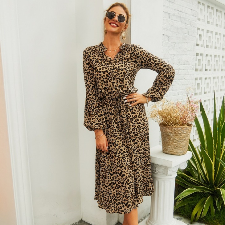 Új Női Boho Leopard Ruha Női Nyári Tavaszi Őszi Alkalmi Long Beach Dress Loose Sexy Women Fél Ruhák Női Vestidos