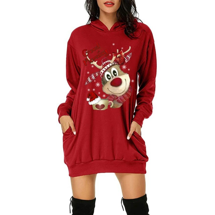 Karácsonyi Hoodie Ruhák Női Spriong Őszi Hosszú Ujjú Alkalmi Mini Dress Divat Kapucnis Hosszú Ujjú Zsebes Vestidos Robe