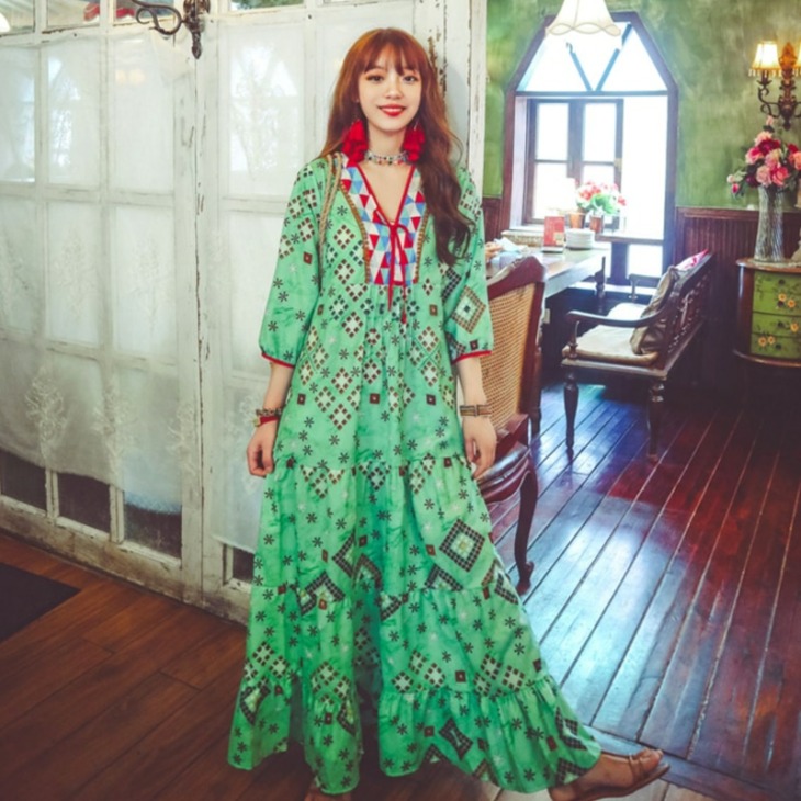 Nyári Új Thai Nemzeti Szél Nepál Retro Nyomtatás Laza Fashion Hosszú Ruha Bohemian Beach Dress Koreai Verzió Vékony Ruha Volt