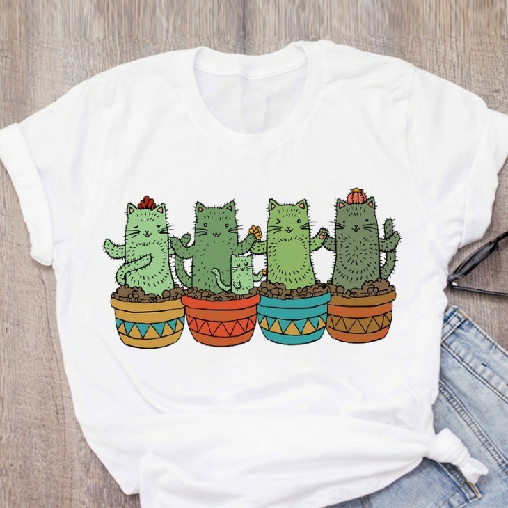 Új Póló Női Aranyos Macska Type Cactus Graphic Rövid Ujjú 90-Es Aranyos Női Nyomtatott Tee Nyári Póló Ruházat Camisetas De Mujer