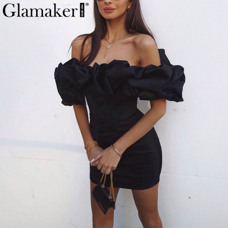 Glamaker Ruffle Off Váll Szexi Ruha Női Vintage Bodycon Black Summer Dress Elegant Short Nő Mini Party Club 2020 Ruha