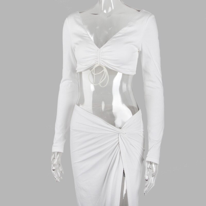 Kesiachiccly Summer White Dress Backless Osztott Vágott Ki 2 Réteg Rugalmas Bodycon Maxi Ruha Szexi Club Ruhák Női 2021