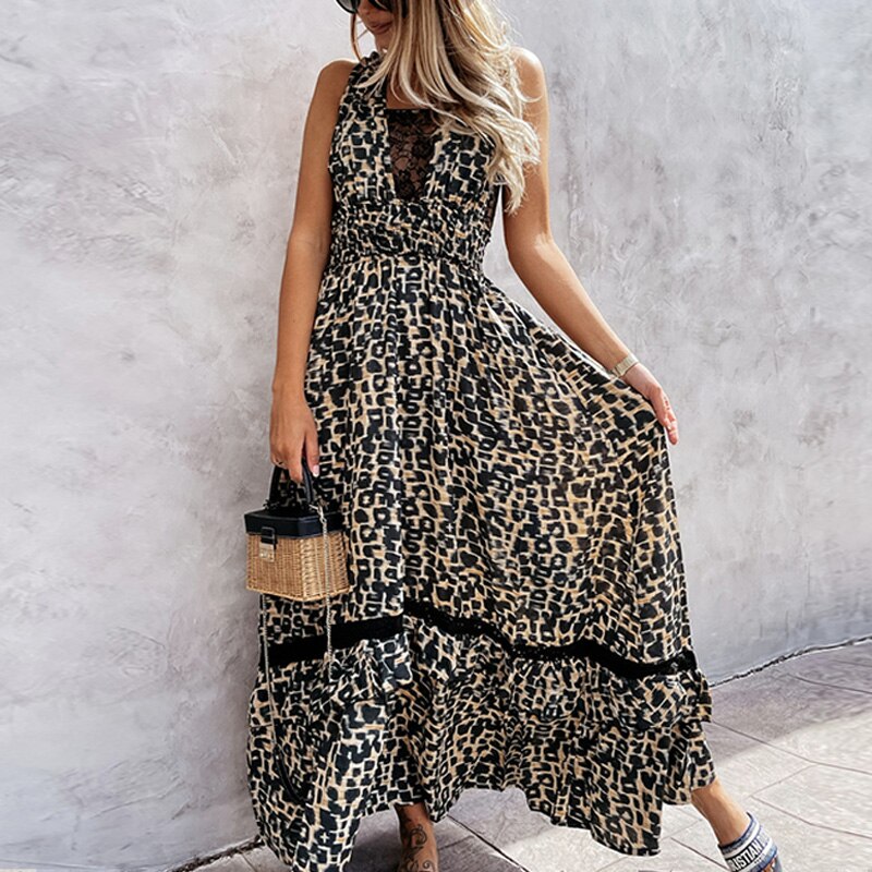 Nyári Szexi V Neck Leopard Long Dress Fashion Hollow Out Lace Fél Beach Dress Női Alkalmi Ujjatlan Backless Boho Maxi Ruha