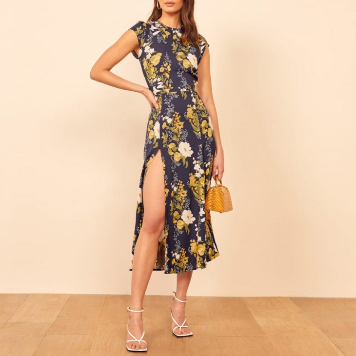 Nő Ruha 2020 Rövid Ujjú Vintage Floral Print Dress Women Summer Cut Out Back Szexi Oldalát Hasított Elegáns Midi Ruha Vestidos