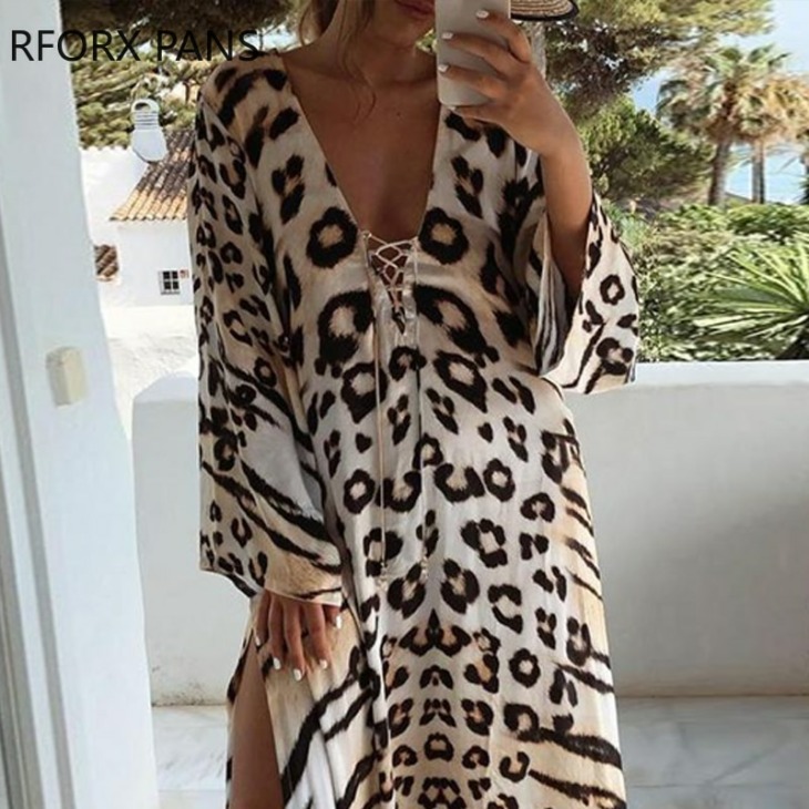 Női Ruha Cheetah Print Lace-Up High Slit Maxi Dress Maxi Ruha Nőknek
