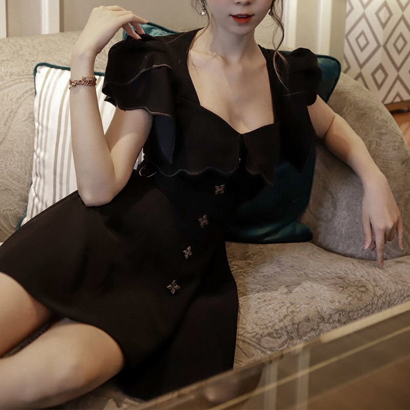 2021 Nyári Fekete Vintage Ruha Női Franciaország Alkalmi Elegáns Estély Mini Ruhák Slim Office Stílus Koreai Divat Ruházat