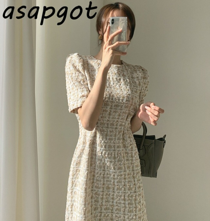 Asapgot Fashion Chic Autumn Lady Light Érett O Nyak Derék Slim Puff Rövid Ujjú A-Line Plaid Tweed Ruha Nők Mini Vestido
