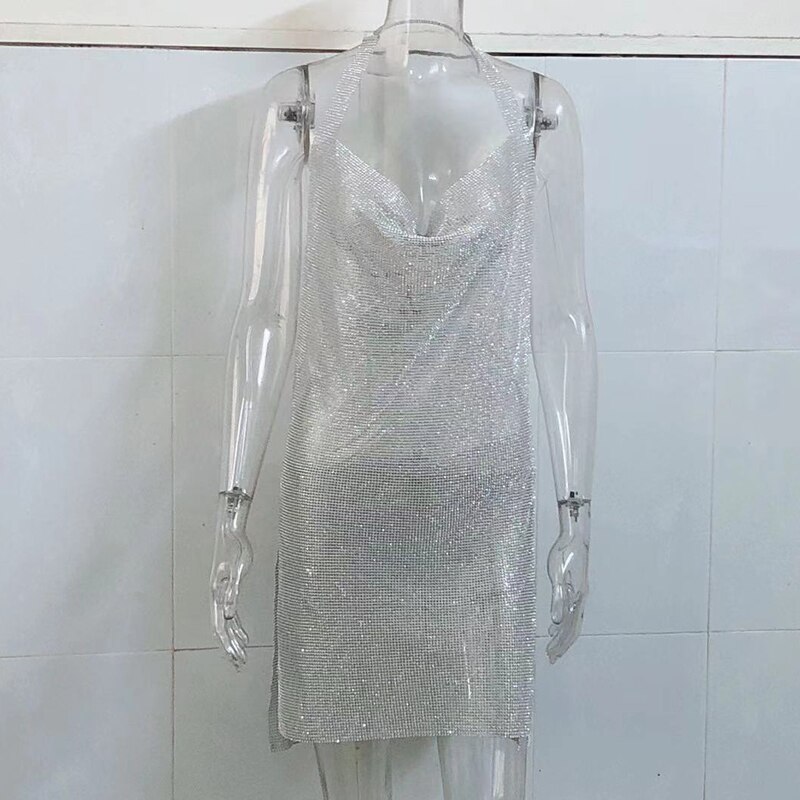 Handmade Backless Crystal Meth Mesh Dress Lánc Halter Rhinestone Slit Kendall Jenner 21. Születésnapi Party Ruhák Mini Vestidos