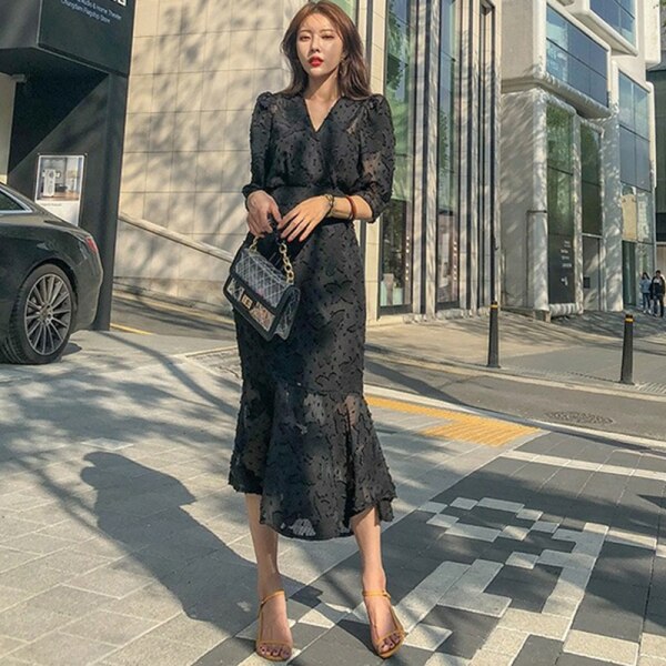 Korea Női Fél Ruha 2020 Tavaszi Divat Hivatal Ol Sifon Half Sleeve Fodros Bodycon Mermaid Dress Midi