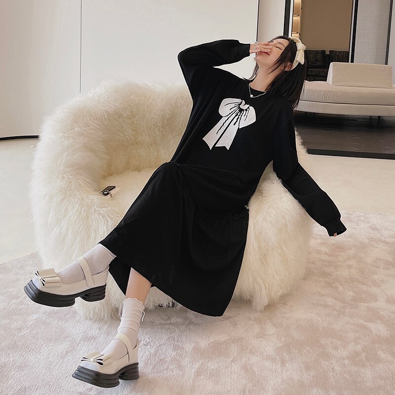 Nyfs Őszi Dress 2021-Koreai New Loose Woman Ruha Vestidos Robe Femme Elbise Fashion Pamut Patchwork Bow Nyomtatott Ruha
