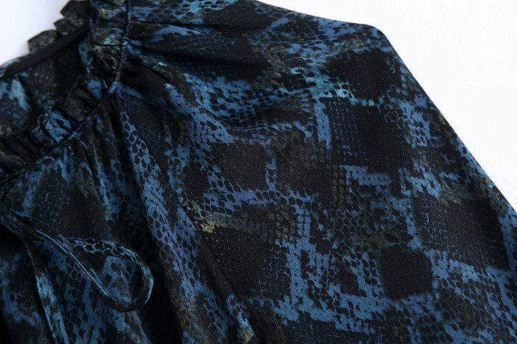 Új Za Kék Kígyó Print Midi Ruha Női 2020 Vintage Ruched Fodros Hosszú Ujjú Övvel Elegáns Fél Ruhák Robe Vestidos