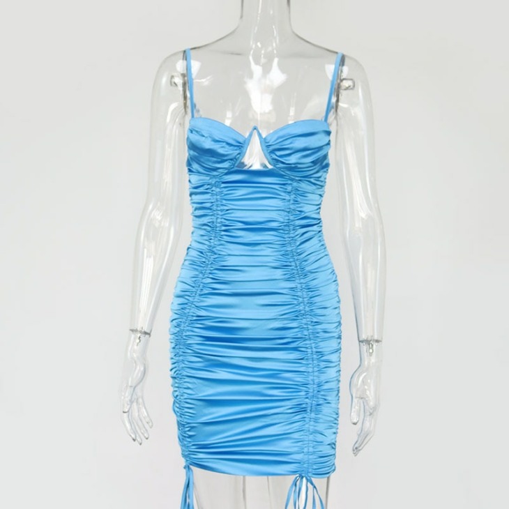 Newasia Szexi Szatén Ruha Női Kék Backless Cut Out Drawstring Ruched Slim Fit Bodycon Mini Dresses Club Party Ruha 2020