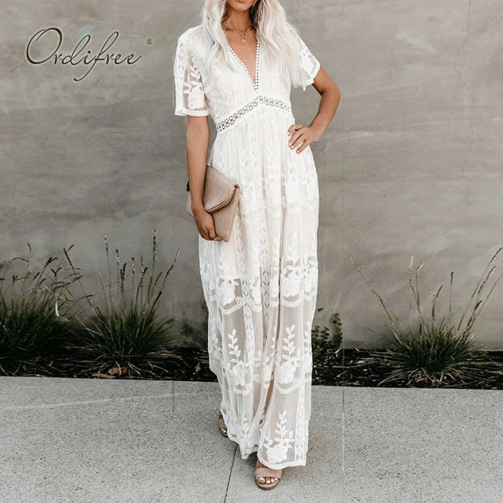 Ordifree 2021 Nyári Boho Női Maxi Ruha Laza Hímzések White Lace Long Beach Dress Tunika Vakáció Ünnep Ruházat