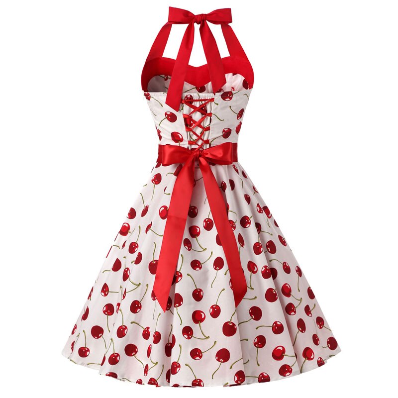 Női Red Cherry Party Dress Vintage 50S Rockabilly Hepburn Dress 2020 Elegáns Nyári Vágyatlan Swing Retro Halter Pin Up Ruha
