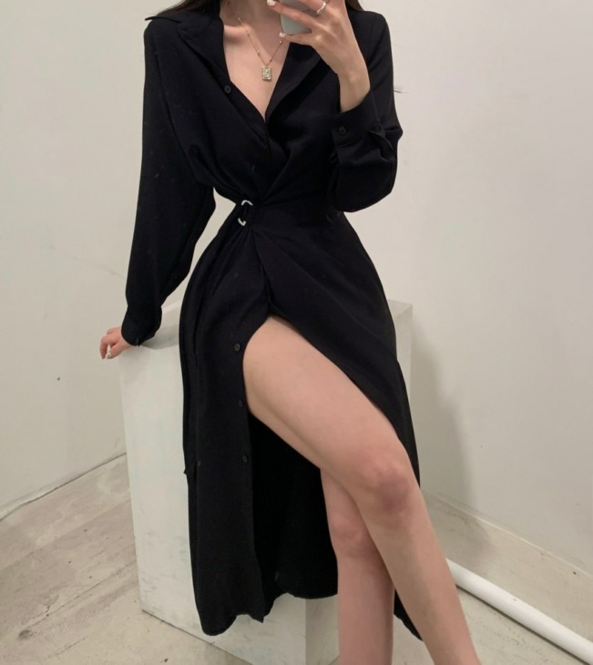 Női Single Breasted Midi Lace Up Slim Solut Shirt Dress Long Sleeve Elegáns Vestados Femme