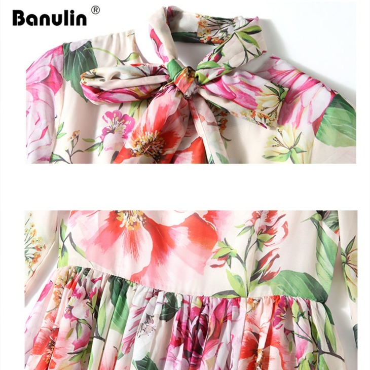 Banulin Runway Maxi Ruhák Nyári Női Női Floral Print Sashes Robe Femme Boho Holiday Big Swing Chifton Hosszú Ruhák Sál