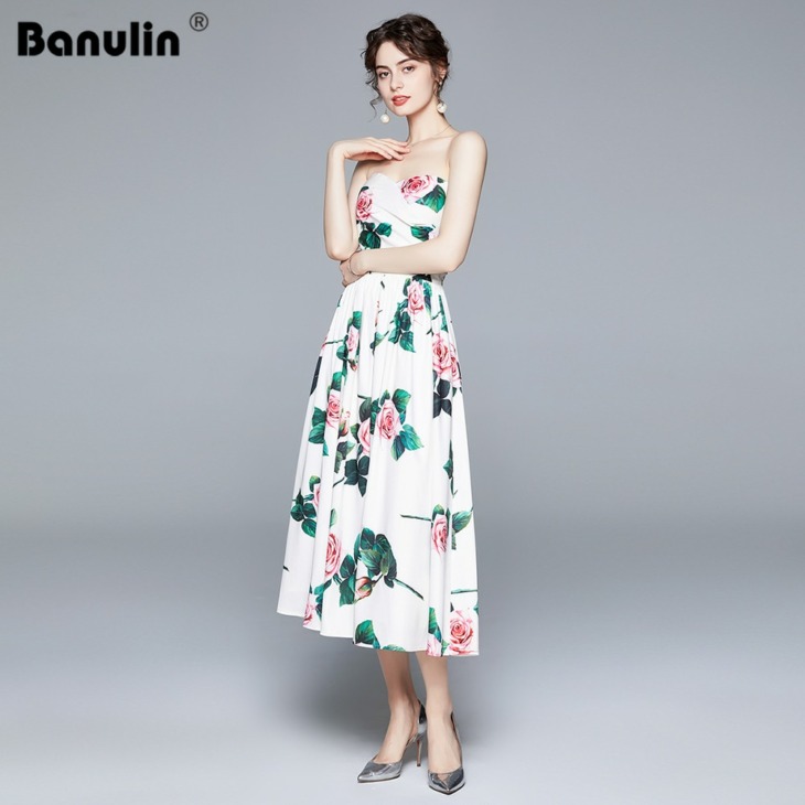 Banulin Summer Sexy Stropless Floral Printed Midi Ruhák A Női Kifutópálya Designer Elegáns Party Dress Zomerjurk Dames 2020