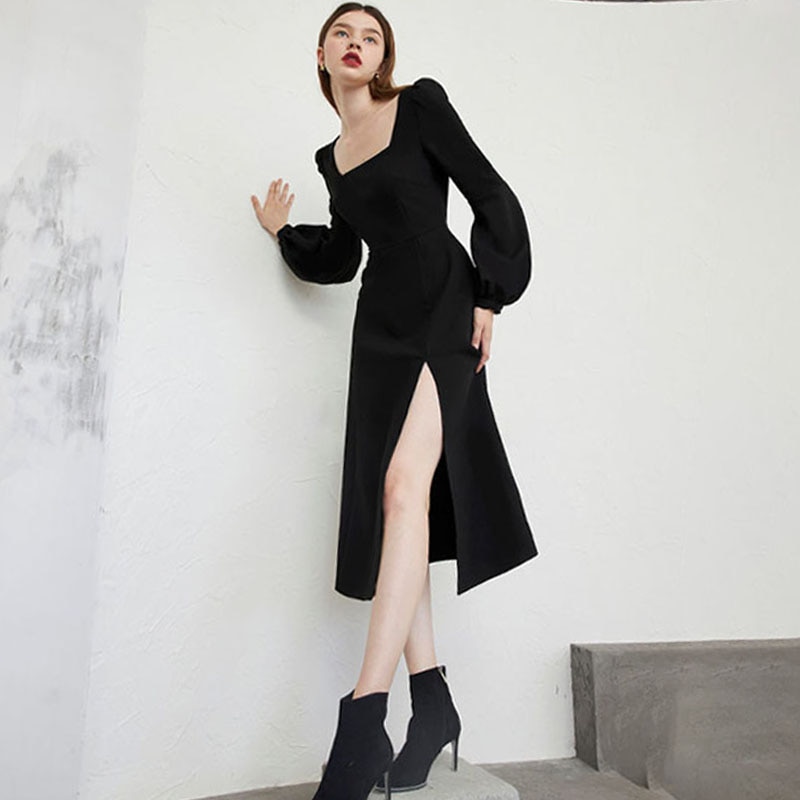 Fekete Retro Osztott Ruha Női Elegáns Midi Tervező Ruha Női Hosszú Ujjú Hepburn Stílus Chiffon Vintage Ruha Őszi 2020 Női