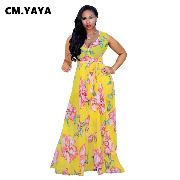 Cm.Yaya Plus Size Summer Women Long Maxi Dress V-Nyakú Nyomtatás Éjszakai Klub Party Beach Szexi Elegáns Utcai Szárnyak Ruhák Vestidos