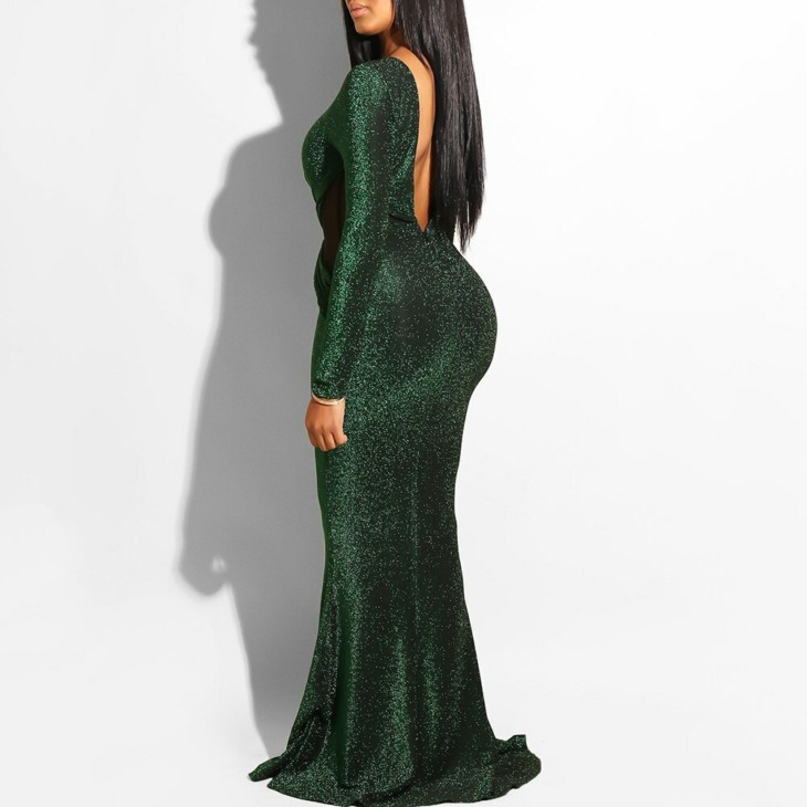 Clocolor Elegáns Sequin Green Backless Ladies Sheer Evening Fashion Women Mermaid Tight Party Club Long Sexy Dress Bodycon