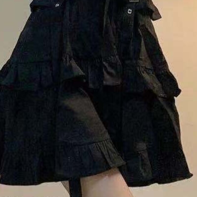 Lányok Gothic Lolita Punk Ruhák Mall Goth Kawaii Aranyos Fodros Bandage Fekete O-Neck Mini 2021 Emo Ruha Goth Платье Bhn0741