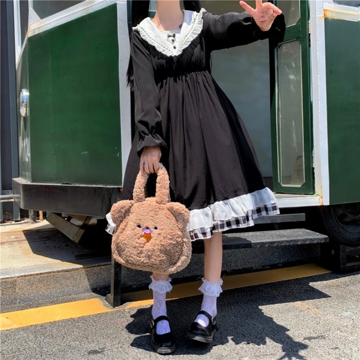 Japán Lolita Style 2020 Őszi Harajuku Gótikus Fekete Ruha Női Tengerész Gallér Hercegnő Ruha Kawaii Fodros Közepén Borjú Ruhák